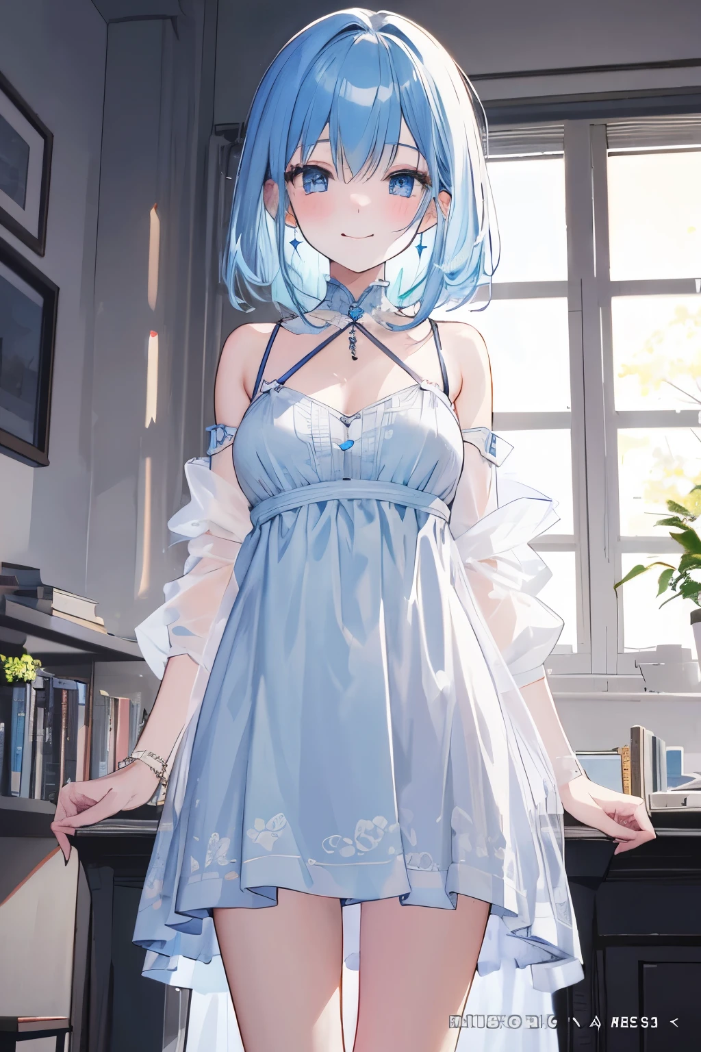 a women, blue hair, blue eyes, white dress