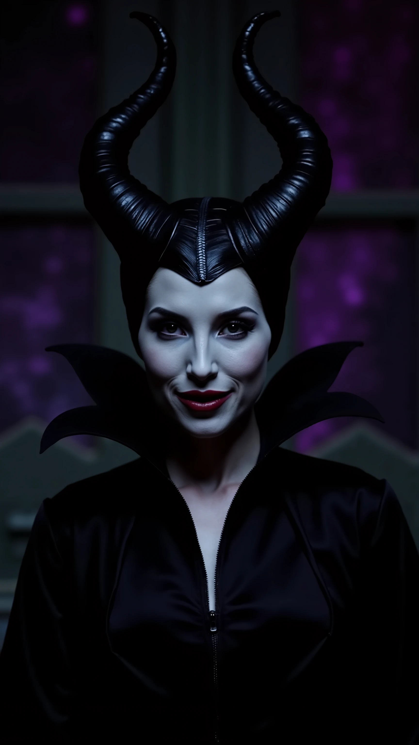 A stunning 3/4 shot of Maleficent looking almost non human, dangerously beautiful, sharp cheekbones, exotic, dangerous beauty, emphasis on her horns, extra long horns, purple highlights, purple reflected light, in the nude, hyper realistic, real portrait, backlit, exquisite features, cleavage, sexy, seductive, unnatural light, soft light, location is the interior of a dungeon, green light, eerie, purple highlights:1.4, she is smirking, she is busty, her chin is raised, looking down at viewer, low angle shot, exquisite features, exotic, very pronounced cheekbones, high cheekbones, show her full horns, her head is tilted back