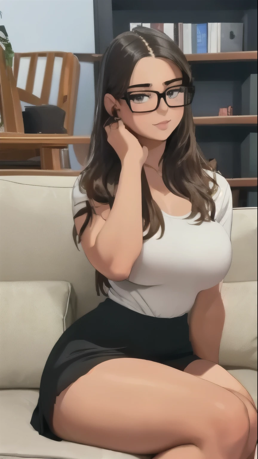 arafed woman in glasses sitting on a couch with a black skirt, thick glasses, with glasses,, pretty face with arms and legs, , sexy girl, 19-year-old girl,, sexy look at the camera, good young girl, big glasses, she is about 20 years old