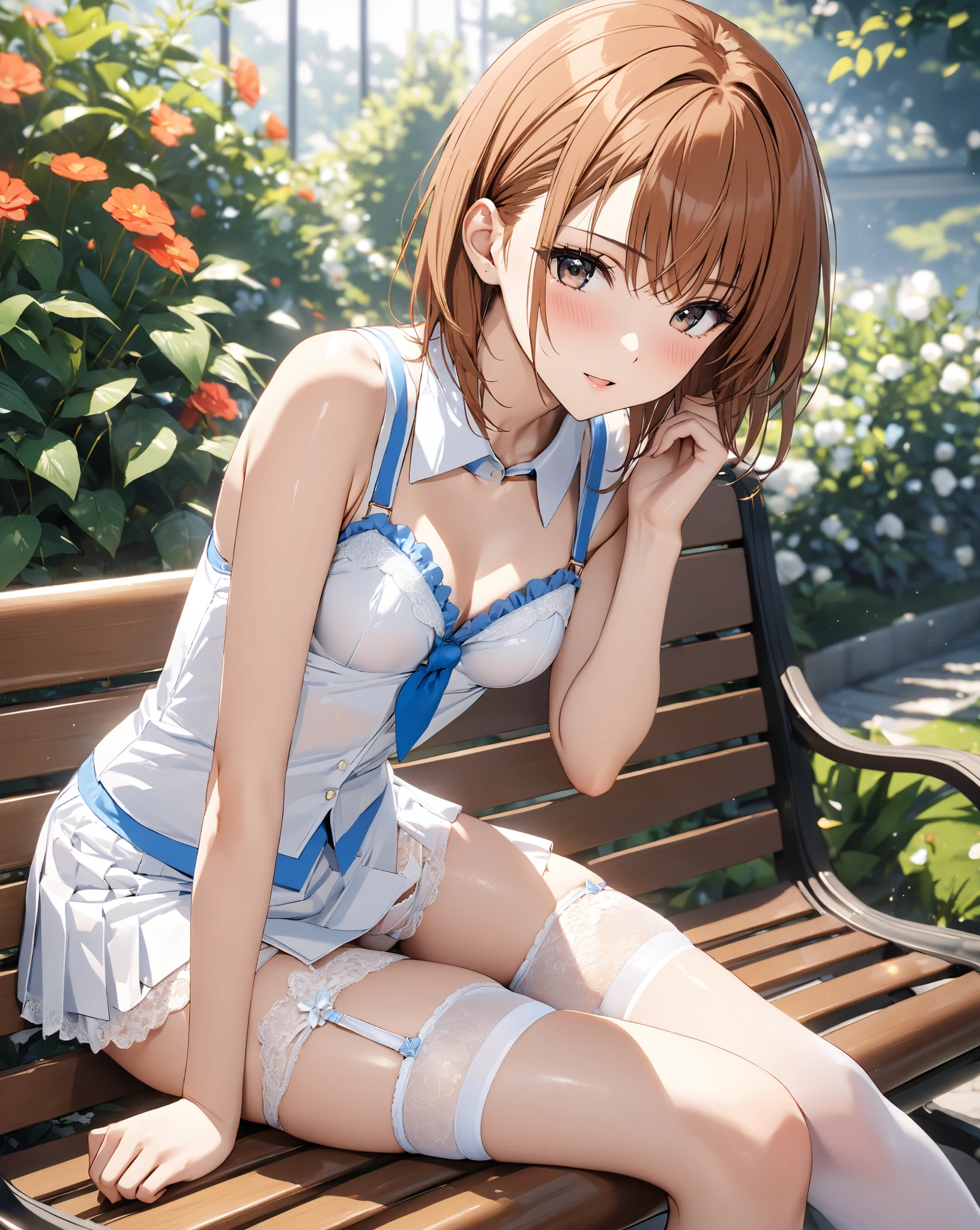  office lady ,   miniskirt ,  white sexy lingerie ,  White Garter Belt , garden, bench,  team up, Beauty, blush,  ahe face, Small breasts, ( Misaka Mikoto), masterpiece:1.5, masterpiece, highest quality, UHD, retina, masterpiece, accurate anatomy, super detailed, high quality, best quality, 8k