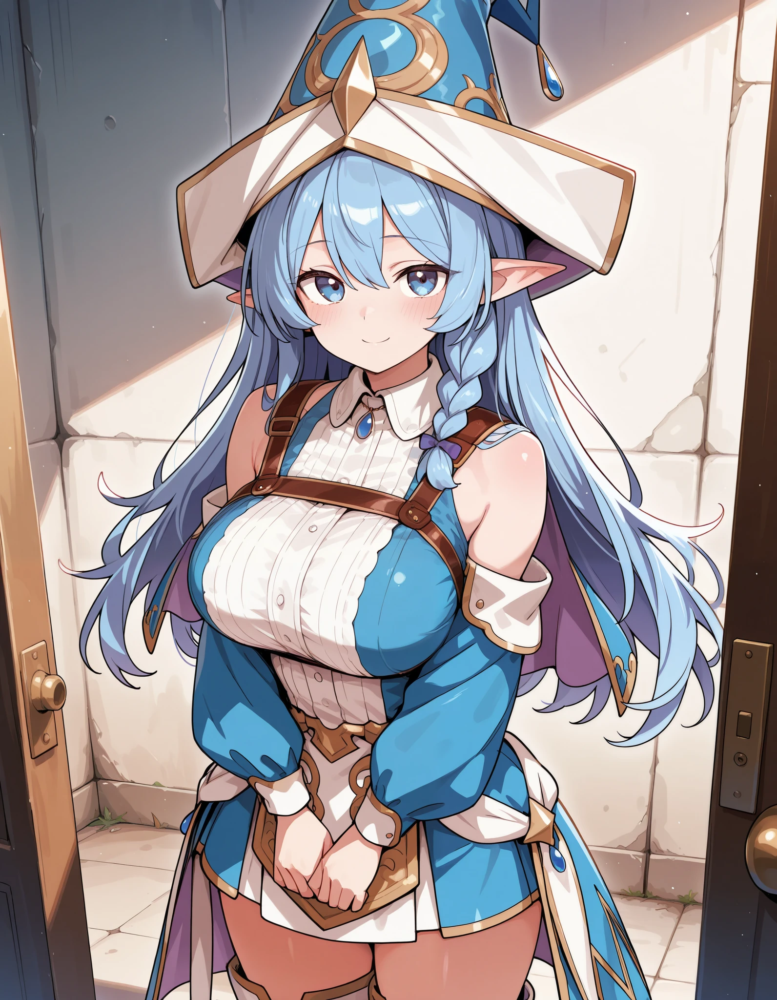 Beautiful girl, blue hair, blue eyes, pointed hat, moderate chest, nice buddy, white collar shirt, sleeveless, detachable sleeve, large witch hat, harness skirt, mini skirt, blue sleeve, white and blue costume, white boots, melomero delle delle love, nice buddy, alone cowboy shot blushing, frontal smile, slender long hair 