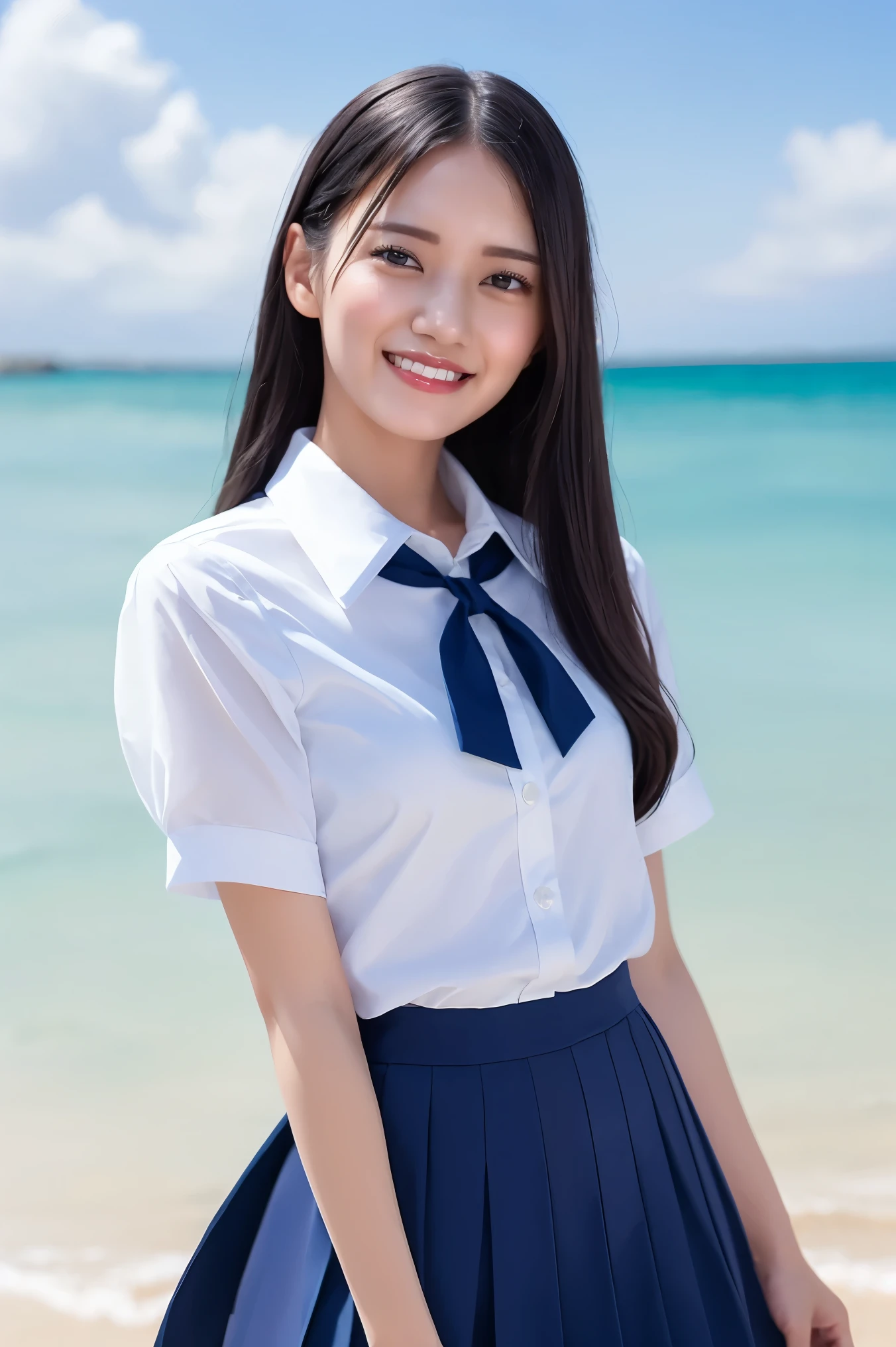 Arafed asian woman in a white shirt and blue skirt on a beach - SeaArt AI