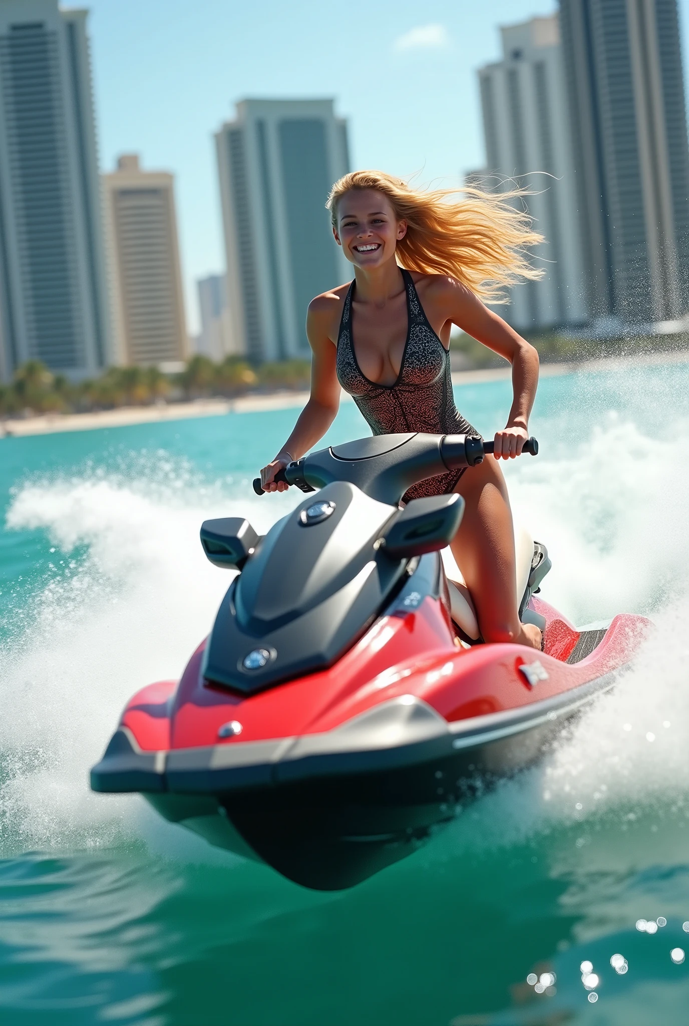 beautiful, full-bodied woman riding a jetski