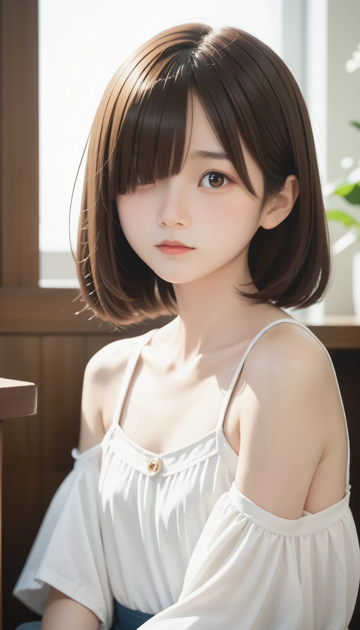 score_9, score_8_ up, score_7_ up,  One Girl , Alone,  young girl, Emotionless,  Watching Viewers ,  upper body, ( long hair,  brown hair ,  short bob , Hair covering one eye, bangs:1.3),  thin body,  little chest,  Thin Waist, They stare at me in a cute way, ( Cute outfits:1.3),  is sitting, 