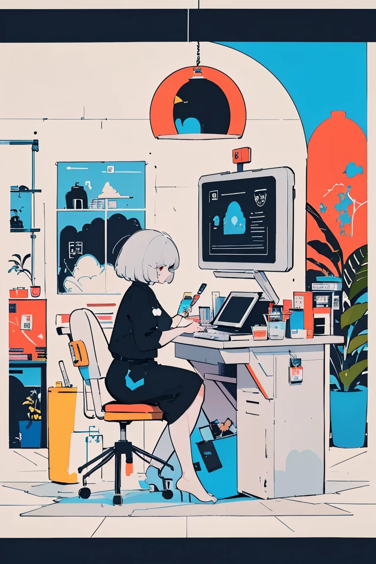  there is a picture of a woman sitting at a computer desk,  There is an ashtray and cigarette butts on the work desk ,Kilian Eng. moebius,  inspired by Tom Wesselman ,  full color illustration ,   A clean illustration inspired by skiers ,  Detailed 2D Illustration , Detailed painting by Gouache , Poster illustration,  Inspired by NEVERCREW  ,  2D Gouache Illustrations, Colorful but less saturated illustrations,Black Cat