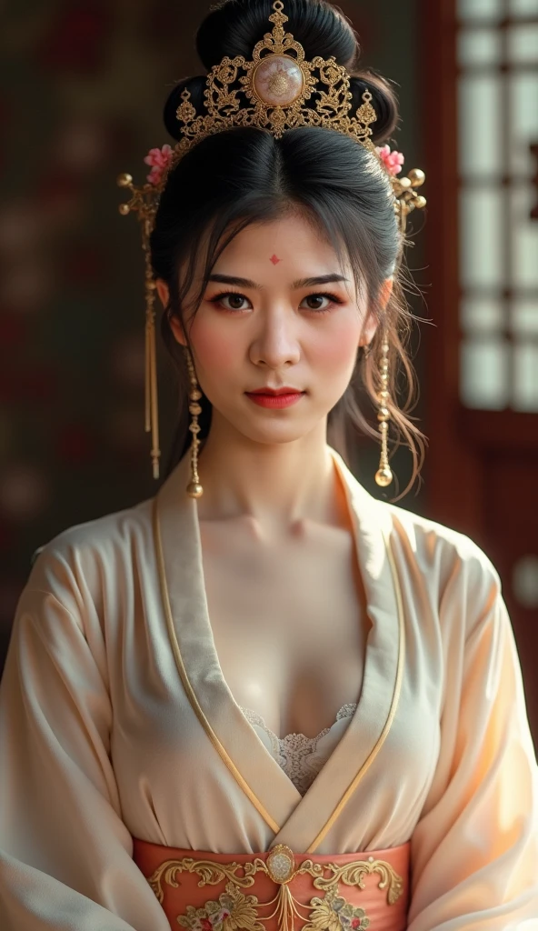 A woman stands in the street,He has a flower on his head, Maggie Cheung, xue han, yun ling, xintong chen, lulu chen, wu liu, wenfei ye, Lynch Peak, fan bingbing, Inspired by Pan Yuliang,Popular topics on cgstation, WLopp Glowing Skin, Open V-shaped corset,Lopp,Bust size and work,Huge cleavage,WLopp Glowing Skin, japanese goddess, The skin is wet and shiny!!, Breasts covered and SFW, Realistic perfect figure, Realistic gravure idols, Hyper-realistic picture, Oppei Cyberpunk, Beautiful and detailed body and face