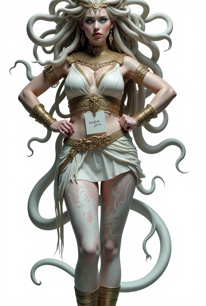 Medusa Greek mythology, (Ancient Greek dress:1.3), (gold and silver accessories, wide collar, bracelets, armlets, bangles, earrings, wide waist belt), The hair of many snakes, image of a white snake all over, white skin covered with shiny scales, sky blue eyes, stare at the viewer with glowing blue eyes, slightly open moist lips, small fangs, showing red tongue, thin waist, wide hips, curvy perfect body, (Stand with hands on hips and legs open, shows a card with the words “Medusa LoRA” written on it, full body shot:1.3), view from below, white snake image, 