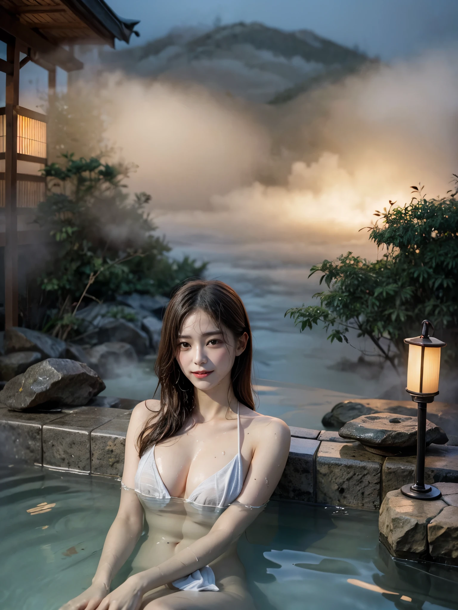 ( top quality , masterpiece: 1.1), very cute, 1. Japanese Idols , 20 years old , (night:1.7), oriental architecture, 1 woman, ((hot spring, onsen:1.4)), moist skin, ((fog:2.1)), (steam rising:1.8), glowing skin, glossy skin, ((partially submerged in hot spring:1.4)), Holding a wet white towel close to the body, but some cleavage is visible. (towel:1.2) , perfect eyes,perfect face,(smile:0.7),official artwork,Very detailed CG Unity 8k wallpaper、bright_front_face_lighting,(tmasterpiece:1.0),(best_quality :1.0),ultra high resolution,4k,detailed detail,high resolution of,8k,nffsw,high resolution,absurderes:1.2,kodak portra 400,film grain,lens flare glow,(beautiful_face:1.4),8k,raw footage,(outdoor bath drawn wider:1.4) ,(wet hair:1.3),((beautifully depicts depth and width:1.3)),((The outdoor bath is surrounded by a Japanese garden and large rocks, with only two small lights.:1.3)), ((smooth white skin: 1.3)),( small pink nipples),((camel toe))