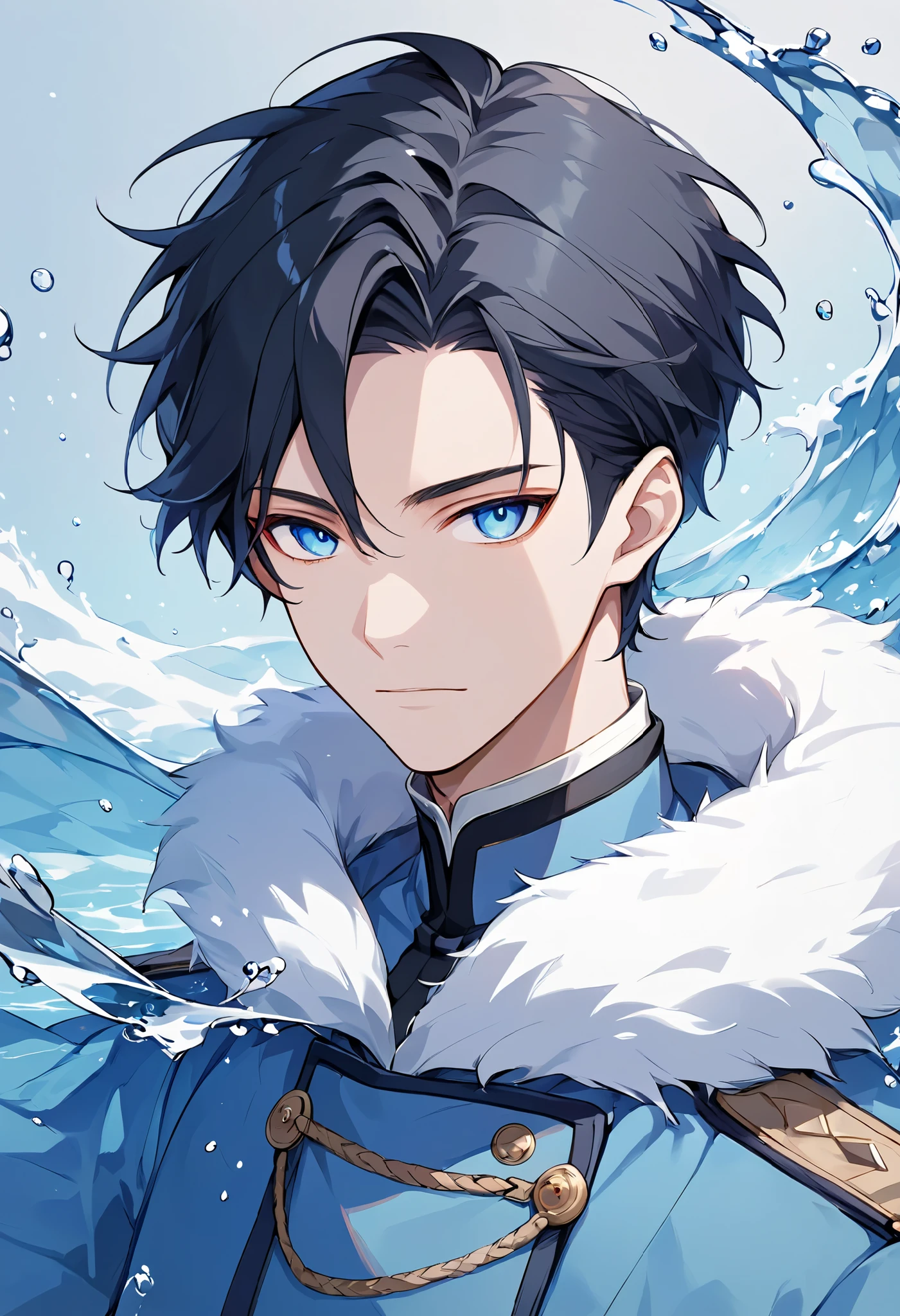 solo, handsome, 1 male, blue coat, white fur, short hair, black hair, blue eyes, Avatar, water