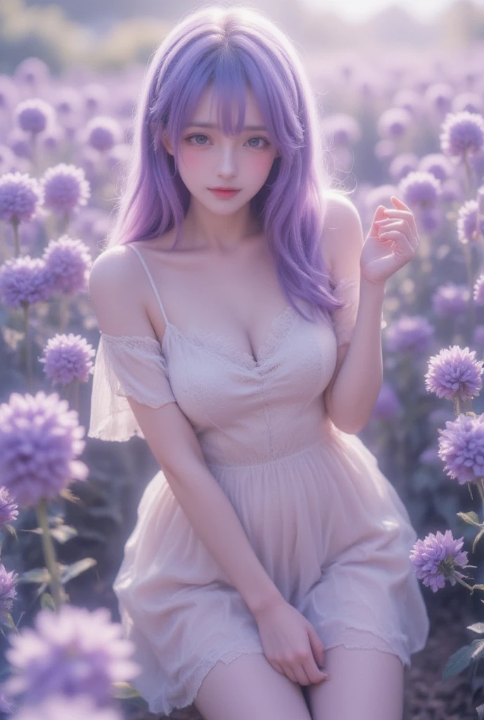 1girl, solo, young girl, happy expression, looking at viewer, upper body, (long hair, light purple hair, bangs, brown eyes:1.3), big breasts, cleavage, her hair cascading in loose curls. She is adorned with a garland of lavender and wears a simple, pale lavender dress. The background shows a softly blurred lavender field under a clear blue sky, side view, cutez