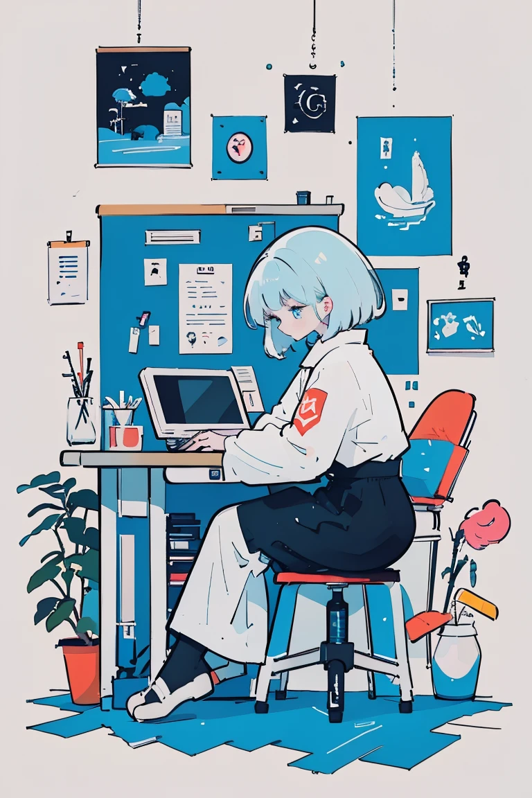  there is a picture of a woman sitting at a computer desk,  There is an ashtray and cigarette butts on the work desk ,Kilian Eng. moebius,  inspired by Tom Wesselman ,  full color illustration ,   A clean illustration inspired by skiers ,  Detailed 2D Illustration , Detailed painting by Gouache , Poster illustration,  Inspired by NEVERCREW  ,  2D Gouache Illustrations, Colorful but less saturated illustrations,Black Cat