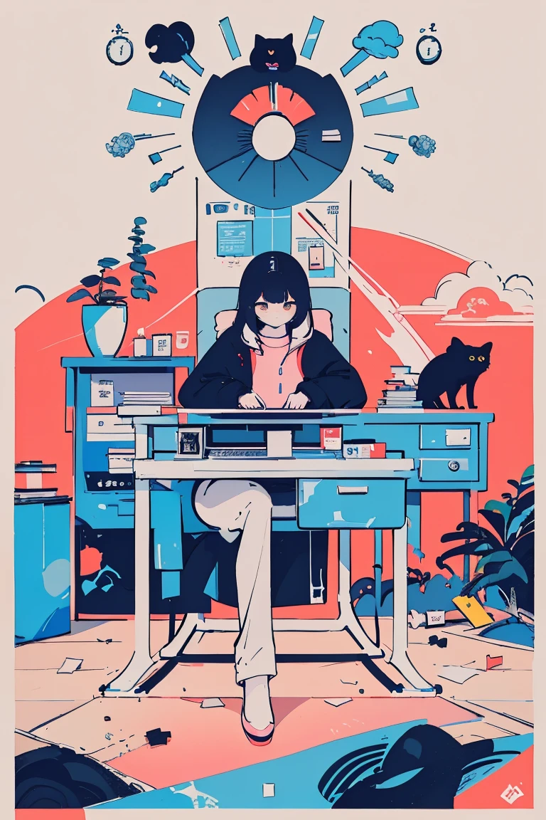  there is a picture of a woman sitting at a computer desk,  There is an ashtray and cigarette butts on the work desk ,Kilian Eng. moebius,  inspired by Tom Wesselman ,  full color illustration ,   A clean illustration inspired by skiers ,  Detailed 2D Illustration , Detailed painting by Gouache , Poster illustration,  Inspired by NEVERCREW  ,  2D Gouache Illustrations, Colorful but less saturated illustrations,Black Cat