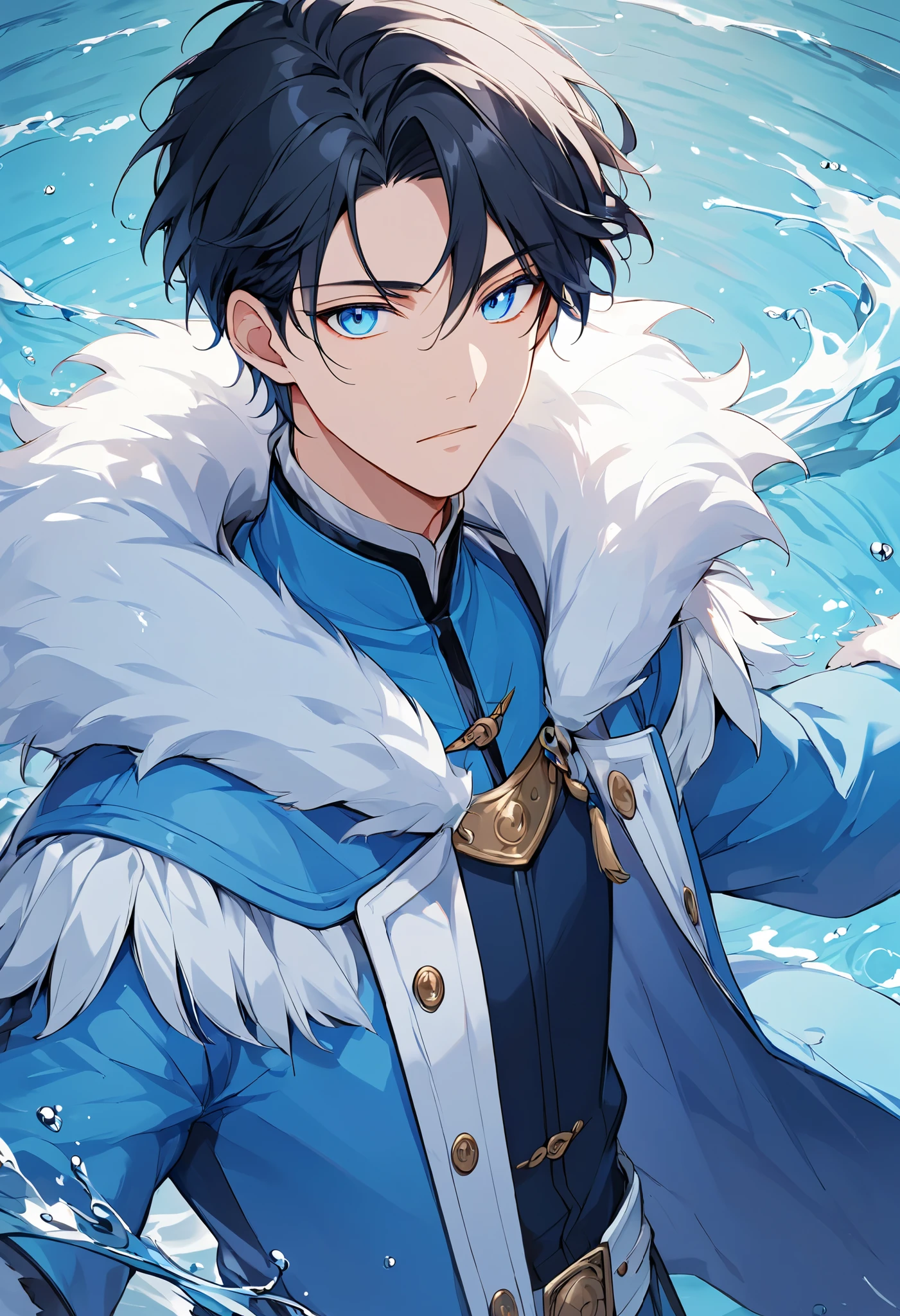 solo, handsome, 1 male, blue coat, white fur, short hair, black hair, blue eyes, Avatar, water