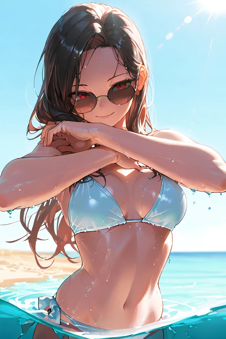 (maximum resolution: 1.2), (ultra high definition tv: 1.2), cinema light, 8K resolution, fine eyes and skin, detailed face, (sharp focus on breasts: 1.2, (The focus is on the face:1.2), perfect style, cute face, Accurate, anatomically correct, Highly detailed face and skin texture, double eyelid, thin eyebrows, glitter eyeliner: 1 natural cheek, shiny skin, Fair skin, Glossy skin: 1.2, (glossy lips: 1.4), (embarrassed look: 1.2), 20 year old woman, (highest quality:1.2), cinematic lighting, perfect style, beautiful face, blush, humiliation, impatience, glare, tears, embarrassing, surprised expression, anger expression, (dark navy blue bikini swimwear:1.5), full of sweat, light brown hair, green ash eye, soaking wet, cameltoe:1.5, (fascinating pussy:1.2), exposed pubic hair, bare butt, (flat chest:1.5), disheveled clothes, Glasses, stuck out pussy, short bob, (LowriseXL:1.5, LowwaistXL:1.5), (protruding pubic hair:1.5)