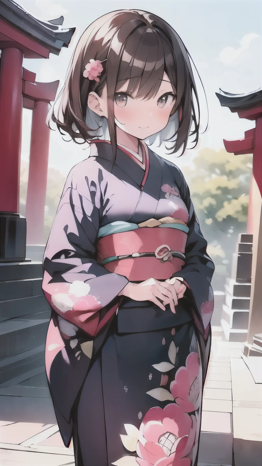 (((New Year's Temples and Shrines 、A girl going on a first visit、Girl wearing a peony pattern furuncle 、 very gorgeous brightly colored long-sleeved kimono:1.5、 girl drawing an omikuji、Teasing Smile)))、( brown hair short cut、 Beautiful Brown Hair 、hair over one eye:1.5、Diagonal bangs:1.5、Keep your head small、 Perfect Face、 Shiny Skin、 clear brown eyes 、 has small breasts、The butt is small)、(((Watercolor)))、 top quality、masterpiece、 ultra high definition、 8k、 show anime style 、 Softline Art 、Digital Enhancement、 shojo anime touch, shojo manga core, flowing fabric 、Soft Drawing、 ultra-fine digital animation art 、 Clear facial depiction、 super detailed girl cartoon character art 、 Ultra-detailed manga style、 top qualityの色
