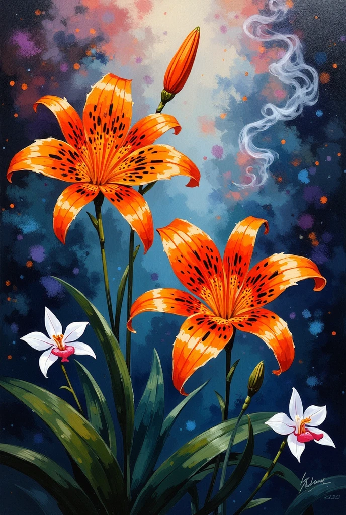 A vibrant oil painting rendered in impressionistic style, with expressive thick brush strokes, of tiger lilies with deep orange petals speckled with black spots and delicate white orchids. The scene is set in a lush, mystical rainforest bathed in ethereal, swirling light. Wisps of deep plum and coral-colored energy, reminiscent of smoke or magic, emanate from the flowers, illuminating the dense foliage. The overall mood is serene and enchanting.