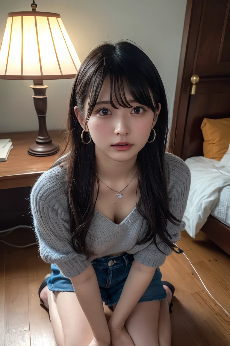 raw photo, 8k, (top-quality), Realistic, (real picture, Intricate details), (natural skin texture, detailed skin, hyper realism, sharpness), (Japanese teenage girl sitting on bed in a hotel at night), ((gray hand-knitted long sweater, v-neck sweater)), (((flat chast:1.5))), (slender body, pale skin:1.2), ((straight hair, blunt bangs)), (provocative look, Parted lips:1.3, red eye shadow, eye bag:1.3, red thick lips, under eye circle), night time, red wallpaper, hard lighting:1.3