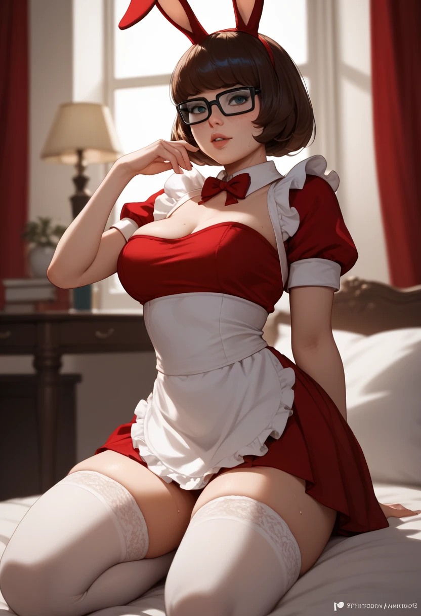 A velma woman wears a sexy maid outfit,  have tatto .denan bando stockings, and  bunny poses sweating horny seductive sexy pose