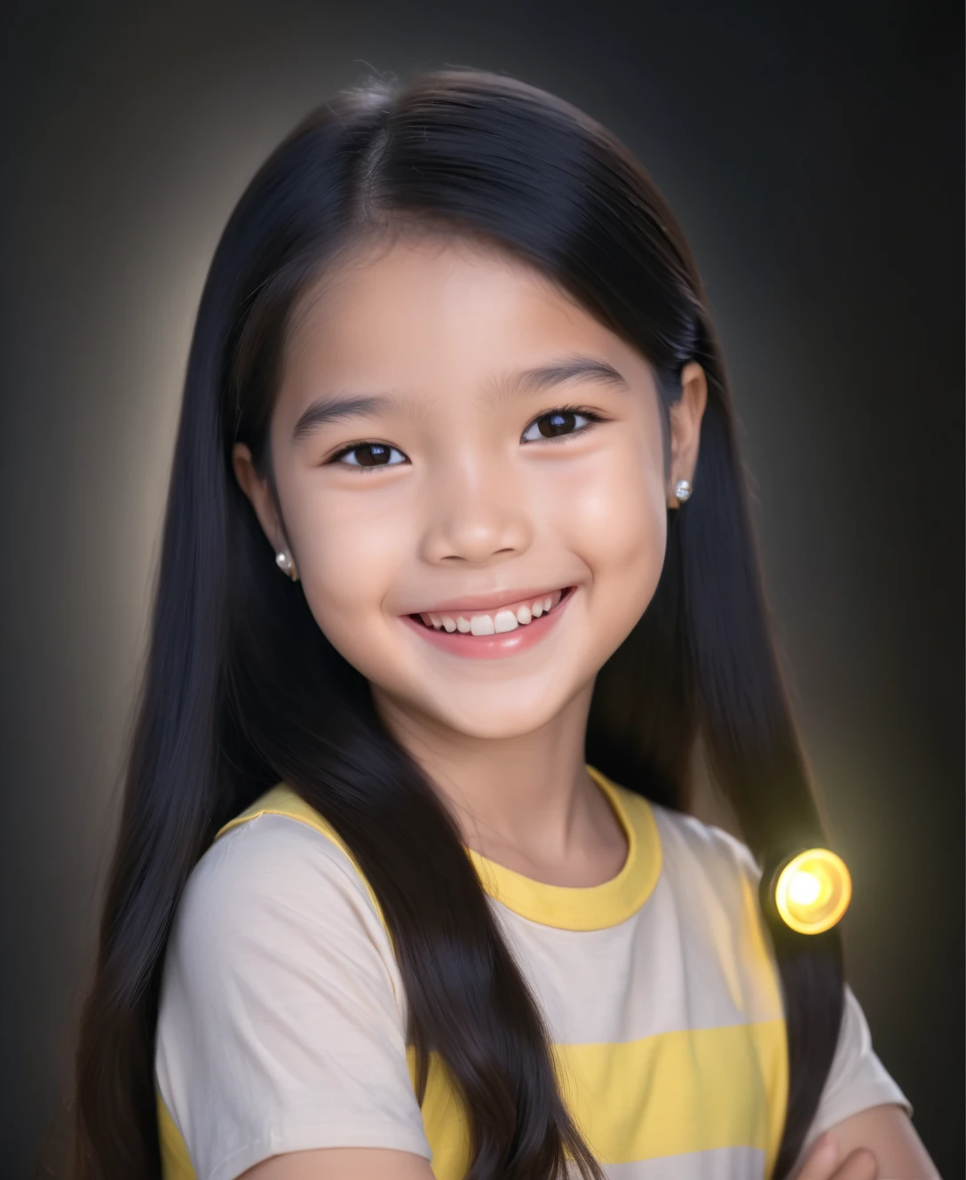 Fashion photography of children, school uniform skirt, strong sense of design, medium shot, 8-year-old girl, Chinese little girl, long hair, hair accessories, delicate skin, happy laughing, simple background, high texture, glare backlight, photography Shed Professional Lighting