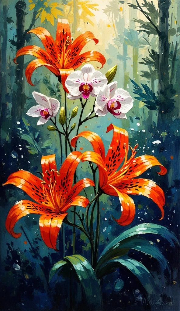 A vibrant oil painting rendered in impressionistic style, with expressive thick brush strokes, of tiger lilies with deep orange petals speckled with black spots and delicate white orchids. The scene is set in a lush, mystical rainforest bathed in ethereal, swirling light. Wisps of deep plum and coral-colored energy, reminiscent of smoke or magic, emanate from the flowers, illuminating the dense foliage. The overall mood is serene and enchanting.