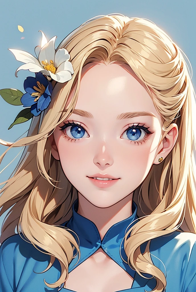 Blonde,  blue eyes,  simple background, teeth,  Hair Flower,  lens flare,  close-up,  Illustration, ショートヘア