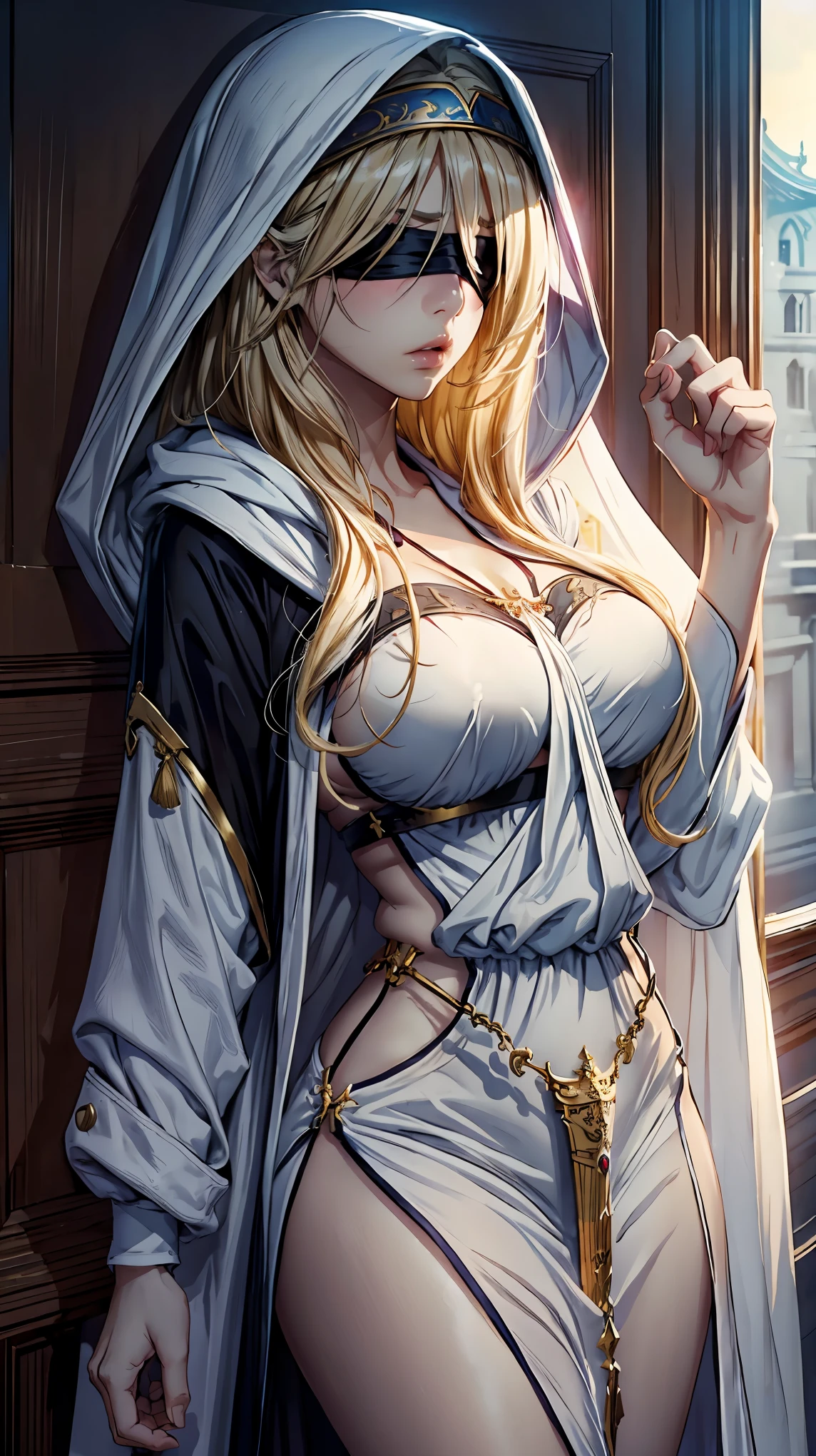 (masterpiece, top quality, best quality, official art, beautiful and aesthetic:1.2),full body, 1girl, priestess, long light blonde hair, messy hair, (wearing black blindfold:1.3), large breasts, cleavage, (white revealing robe, gold trim), (white hood:1.2), extreme detailed, colorful, perfect face, upper body, HDR, (light streaks), striking visuals, vibrant colors, temple background