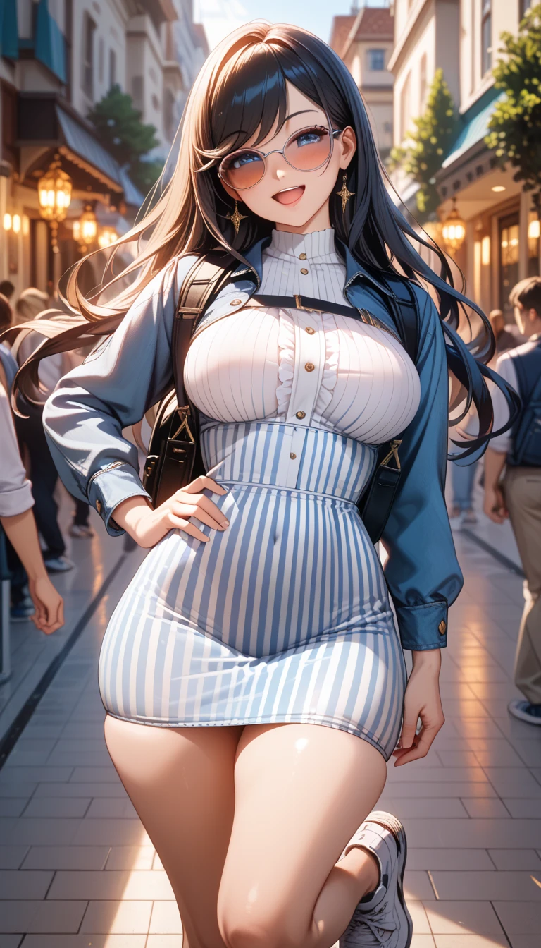 girl with shirt, overalls skirt, massive long wide fat breasts, deep cleavage, cityscape, flirtatious look, ((very detailed)), (perfectly detailed face), (well detailed hand) photorealistic image, plump chubby belly, very wide hips, thick plump thighs, massive plump fat wide round ass, mature mother, plump motherly body,