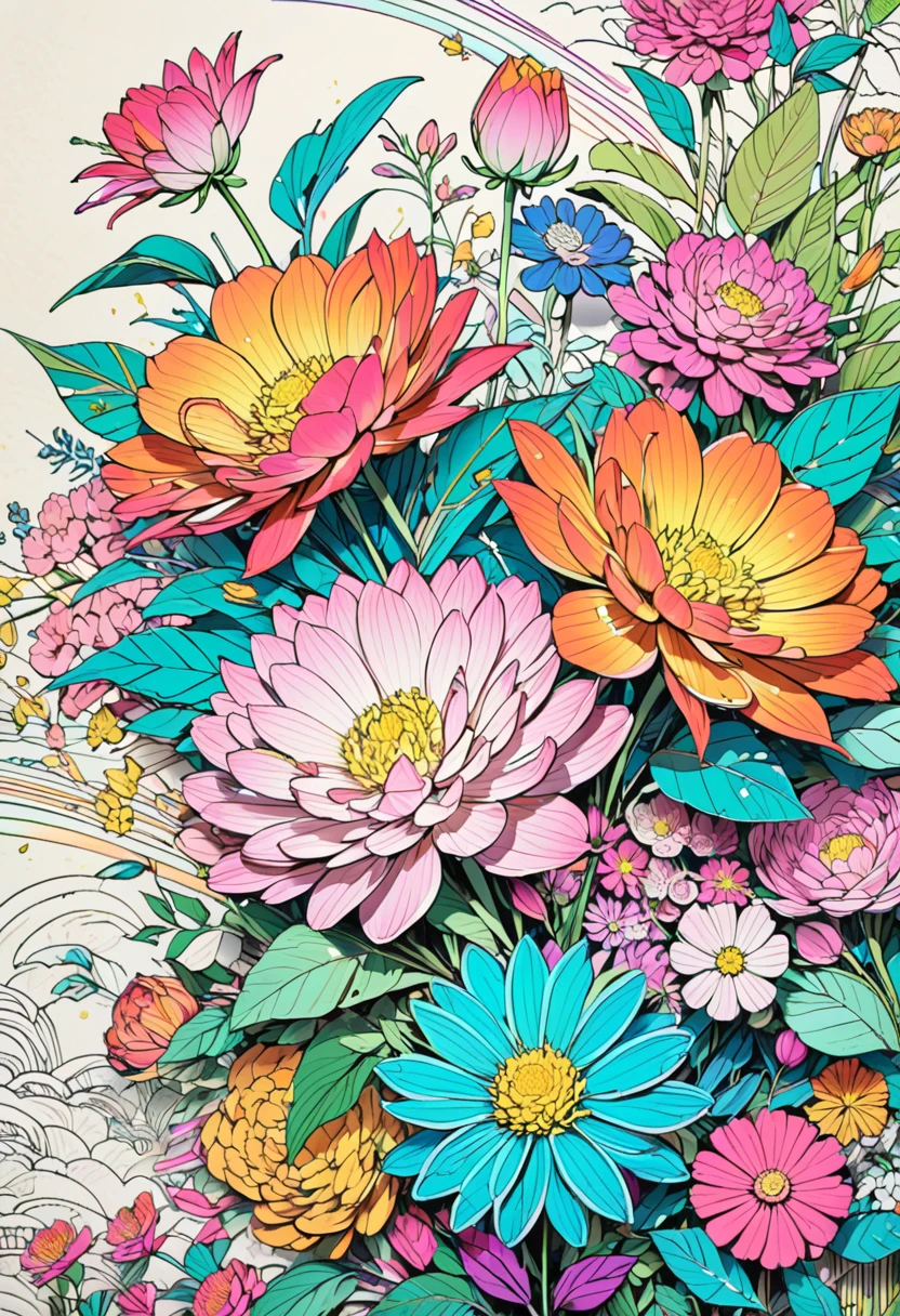 neon line art, colorful flowers on washi paper are more beautiful than fresh flowers, ultra detailed, absolutely resolution, masterpiece