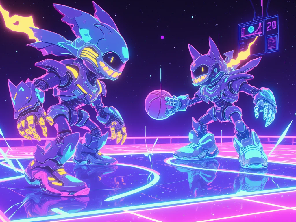 "A playful and energetic basketball game in space, featuring friendly, sporty robots with sleek, metallic bodies and glowing neon accents in electric blue, soft purple, and neon green. These robots have a more approachable design—rounded edges, smiling LED faces, and smooth, non-threatening exoskeletons. They wear high-tech basketball gear, including glowing sneakers and light shields, but their movements are graceful and fluid, showcasing skillful play rather than aggressive action. The floating court is set in zero gravity amidst a colorful galaxy, with stars, nebulae, and distant planets providing a cosmic backdrop. The basketball is a glowing orb, and the robots pass, jump, and perform acrobatic shots with joy and excitement. Holographic scoreboards hover above, displaying live stats, and soft neon lights illuminate the court with a cheerful, upbeat atmosphere. The scene feels like a friendly competition, with the robots having fun while showing off their athleticism, creating a positive and playful vibe."