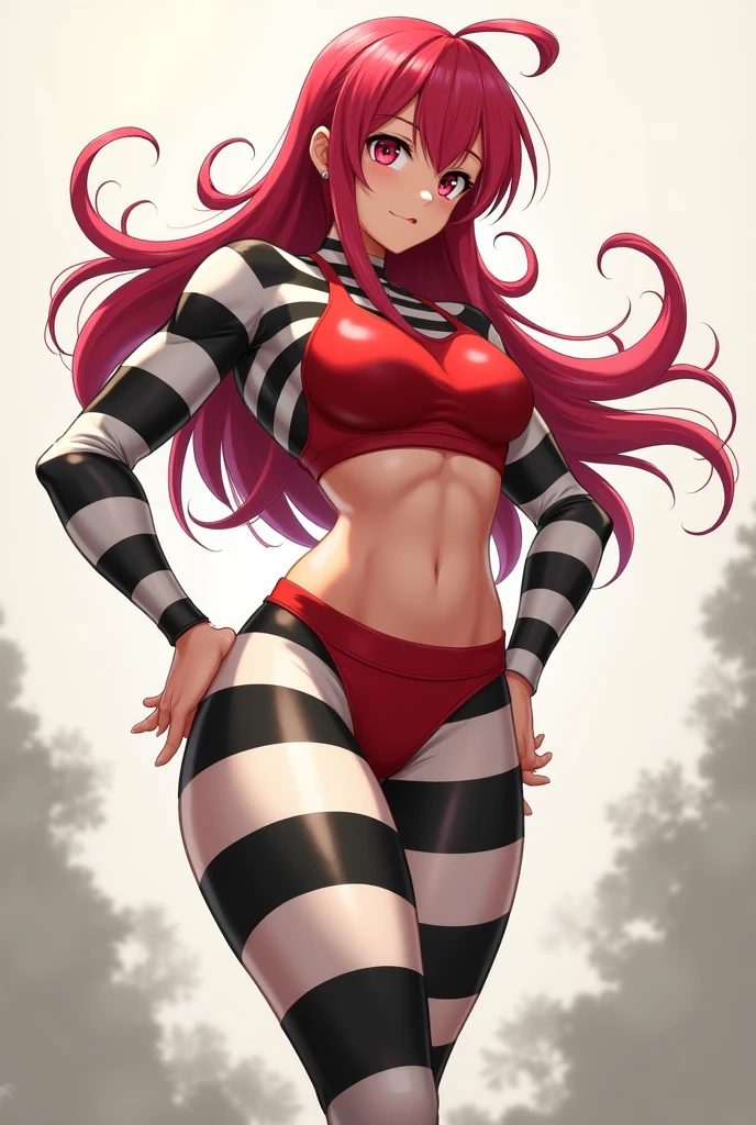 score_9, score_8_up, score_7_up, score_6_up), (adult, tall, seductive expression, seductive face), femboy, long magenta hair, blunt bangs, small bulge, evil grin, tongue out, hands behind head, magenta eyes, red eyeliner, lipstick, muscular, fishnet bodysuit, abs, thick thighs, wide hips