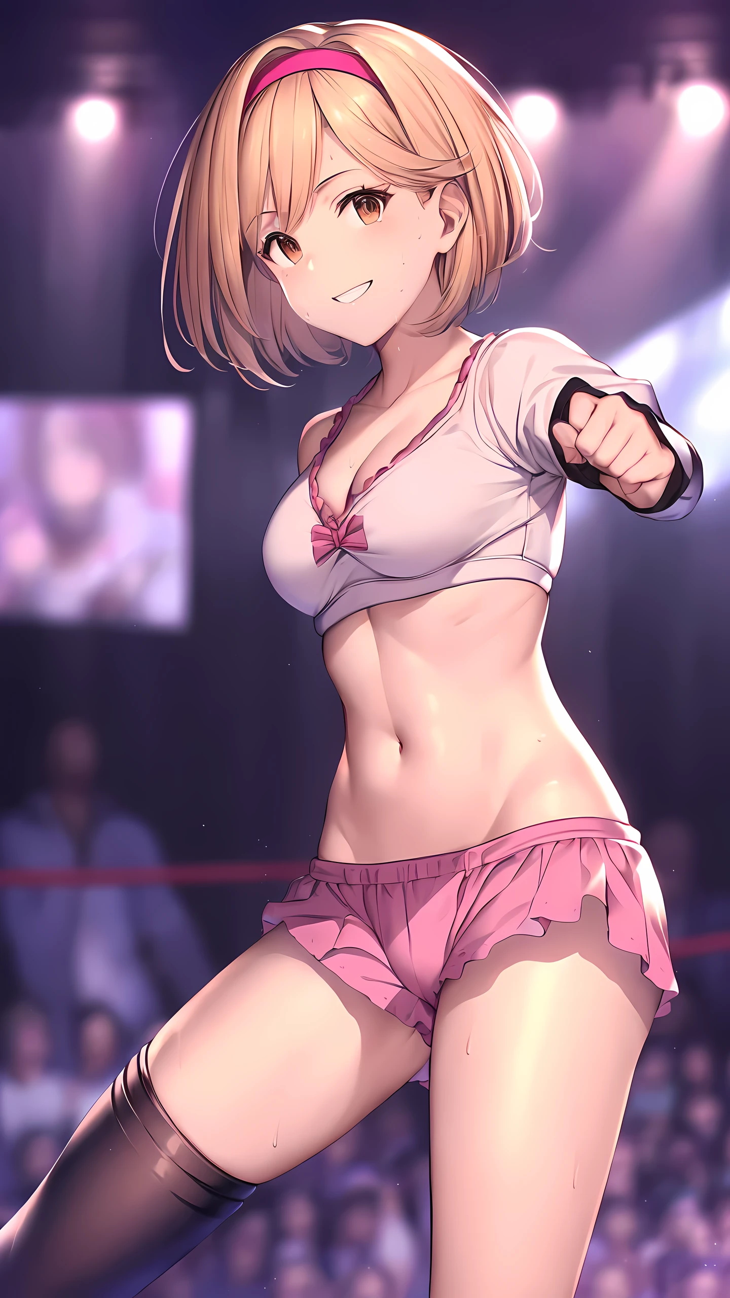 djeeta_(granblue_fantasy), brown eyes, Detailed eyes, (wearing sports bra:1.5, wearing short spats:1.5, bare thigh, toned hip), Perfect body, (Independent), smile, Toned stomach, Ultra HD, Detailed eyes, Detailed face, cowboy shot, looking down at viewer, (from behind:2, low angle), sweaty, slim long legs, twisting the waist, depth of field, Crowd Circle View, professional wrestling ring, spectator seats,
