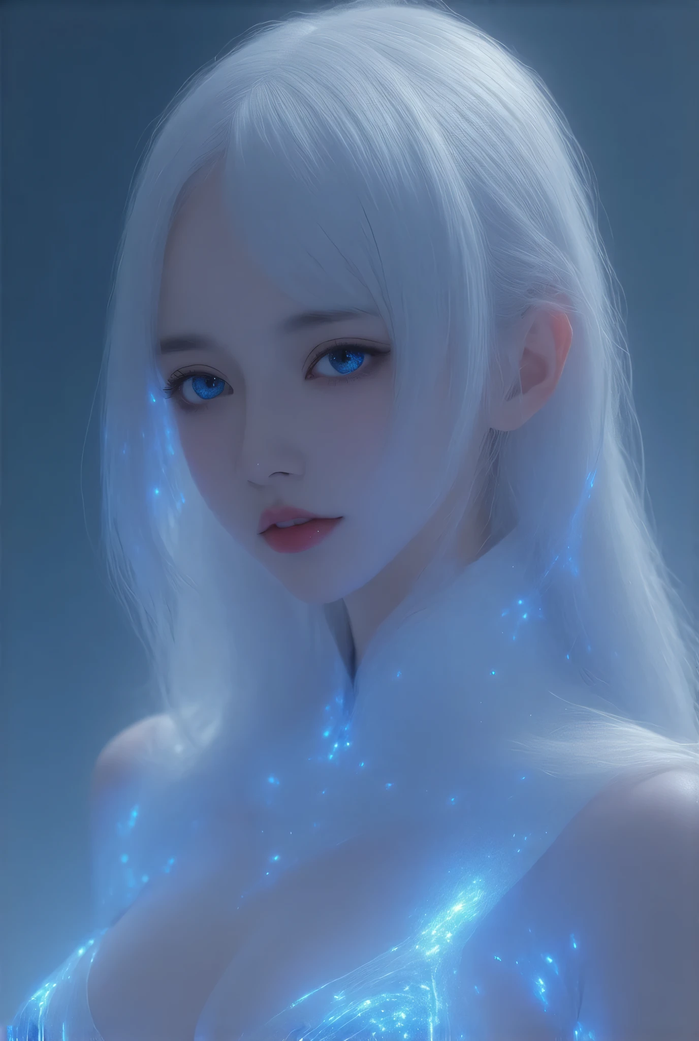 ((upper body)), best quality, masterpiece, a Japanese woman with ((Luminescence white hair)), ((detailed pearl blue eye)), high detailed goddess soul, focus on character, solo, (style swirl magic), solo, from front, front view, looking at viewer, detailed face, ((Luminescence Lighting Magic Circle theme)), perched on a ledge, tight neon body, light streaks, dark abyssal wanderer abstract, ((Simple Luminescence Neon Gown)), inscribed with mystical runes, outdoor dystopian background,