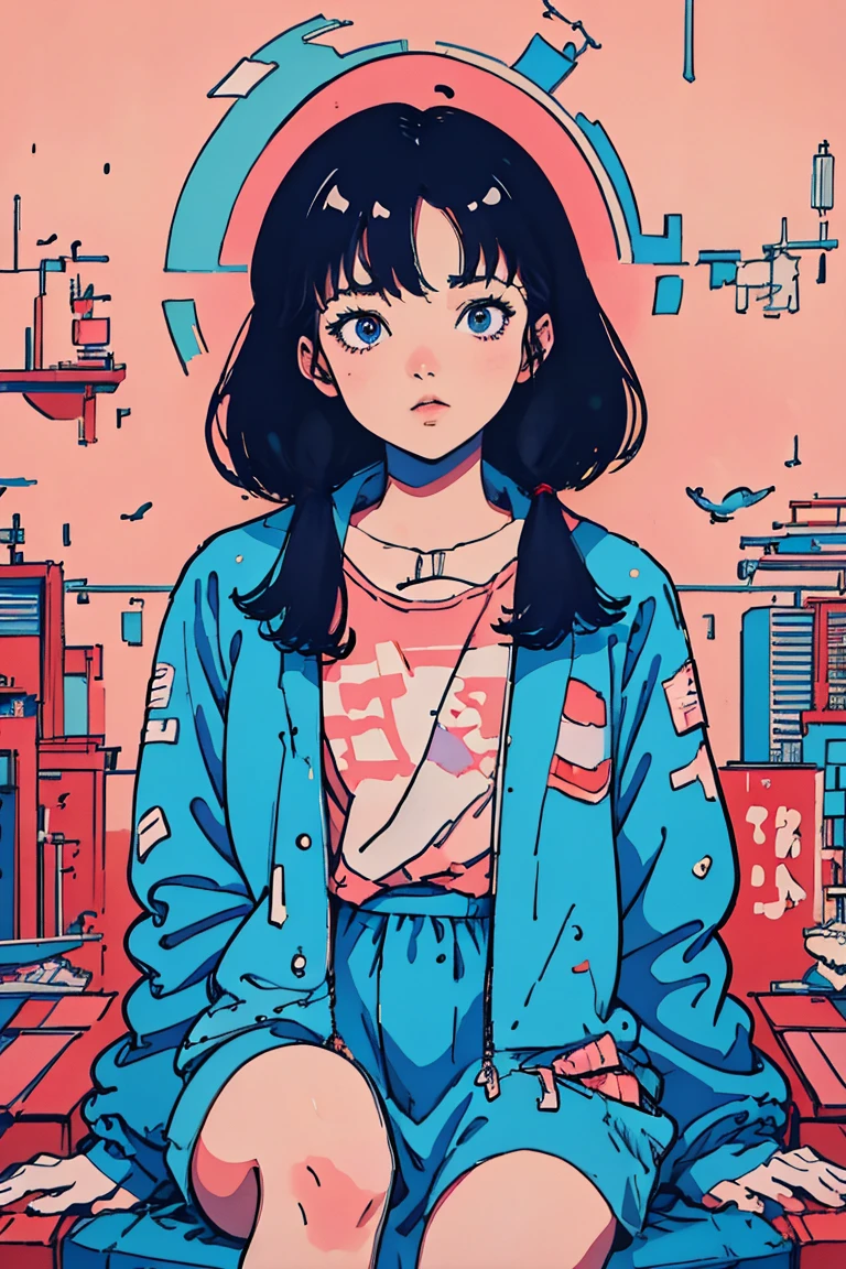  anime scene of a woman in a blue coat and pale pink background, CMYK palette,   Conrad Rosette and Makoto Shinkai mix  ,  Iwakura Lain closeup ,  Lofi Girl ,  Amazing TV room  ,  anime style cityscape ,   anime still picture anime colored paper  , anime, mamoru hosoda, 90s anime aesthetic ,Kilian Eng. moebius,  inspired by Tom Wesselman ,  full color illustration ,   A clean illustration inspired by skiers ,  Detailed 2D Illustration , Detailed painting by Gouache , Poster illustration,  2D Gouache Illustrations, Colorful but less saturated illustrations