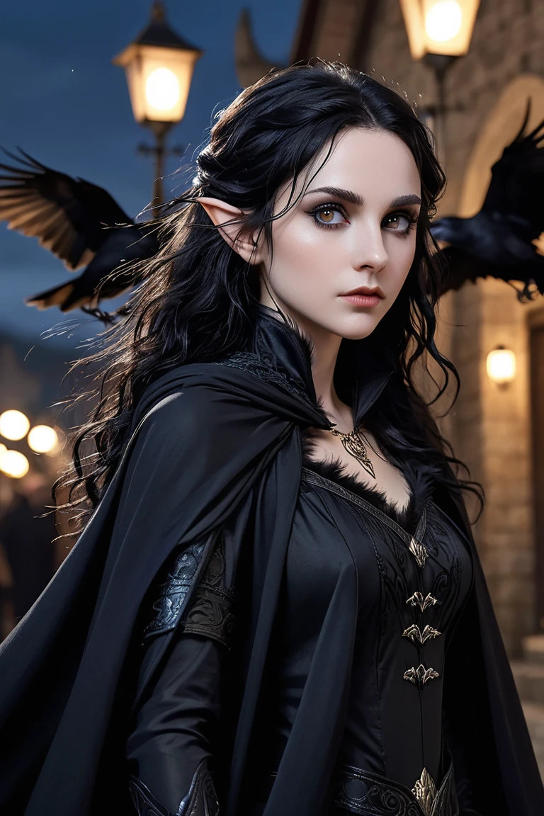  a pale female elf ,  black hair,  long hair, Curly, dressed in black,  wears a cape of raven feathers, No weapons ,  dark eyes, Many ravens around her ,  at night , cheeky look ,  undaunted 