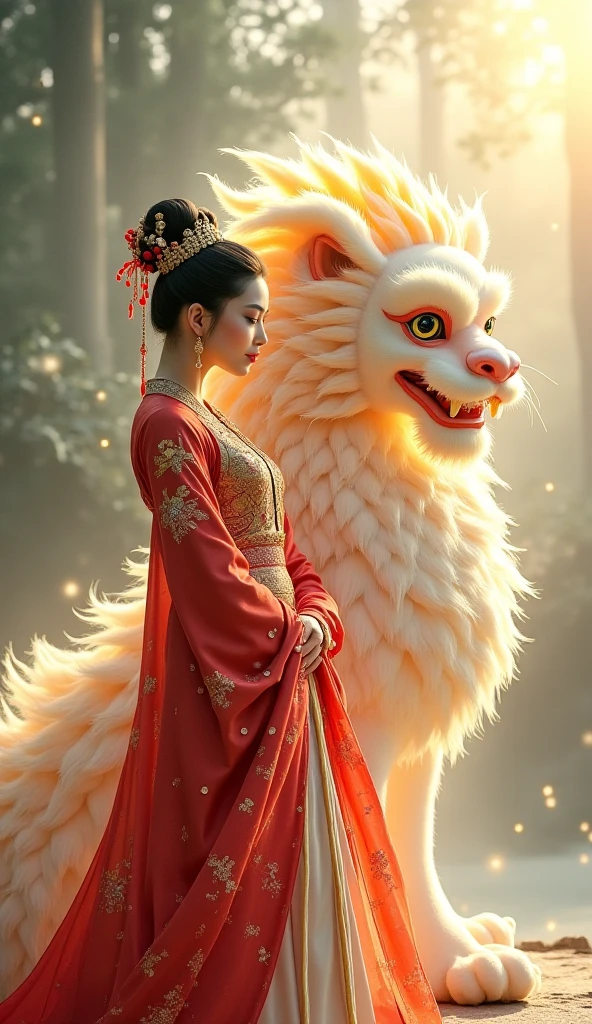 Fuji photo, asian woman, white skin, Oval face, Turn your face and look straight ahead., long wavy hair, Holding a large black fireball, Red Witch Costume, Behind is a white dragon floating.