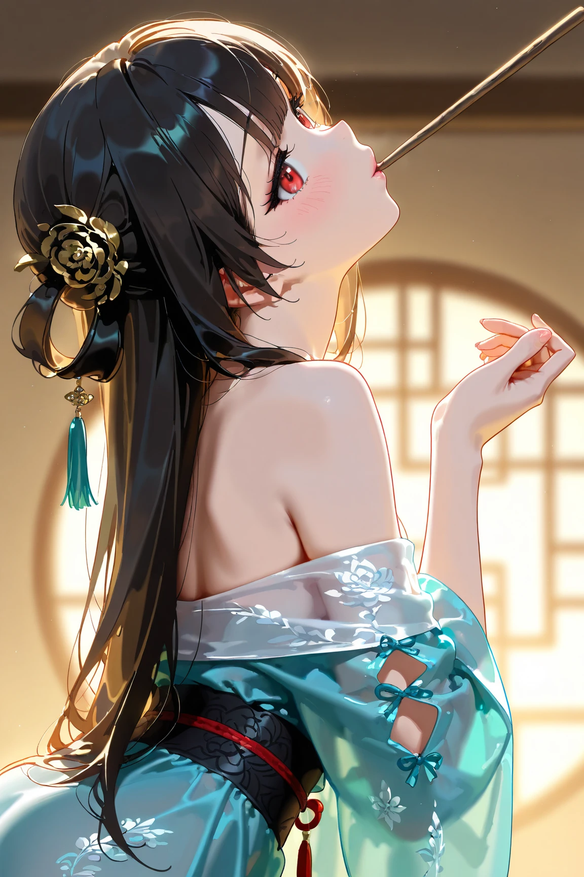 
score_9, score_8_up, score_7_up, high detailed, high quality, masterpiece, no text, quality highlights, 8k detail, detailed background, source_anime, dynamic view, hentai, ultra-detailed,
... 1girl, solo, blushing, Ancient oriental style, black hair, lovely impression, Red eyes, Tareme, She is a human, Long eyelashes, Cute face, Twin Chignon hairstyle,
Chinese traditional hair decoration, Crystal patterned Hanfu, flawless smooth skin, Kiss, stick out your lips
(best quality,4k,8k,highres,masterpiece:1.2),ultra-detailed,intricate details, high fashion, dramatic lighting, chiaroscuro, Without hair streak, She is only black-haired