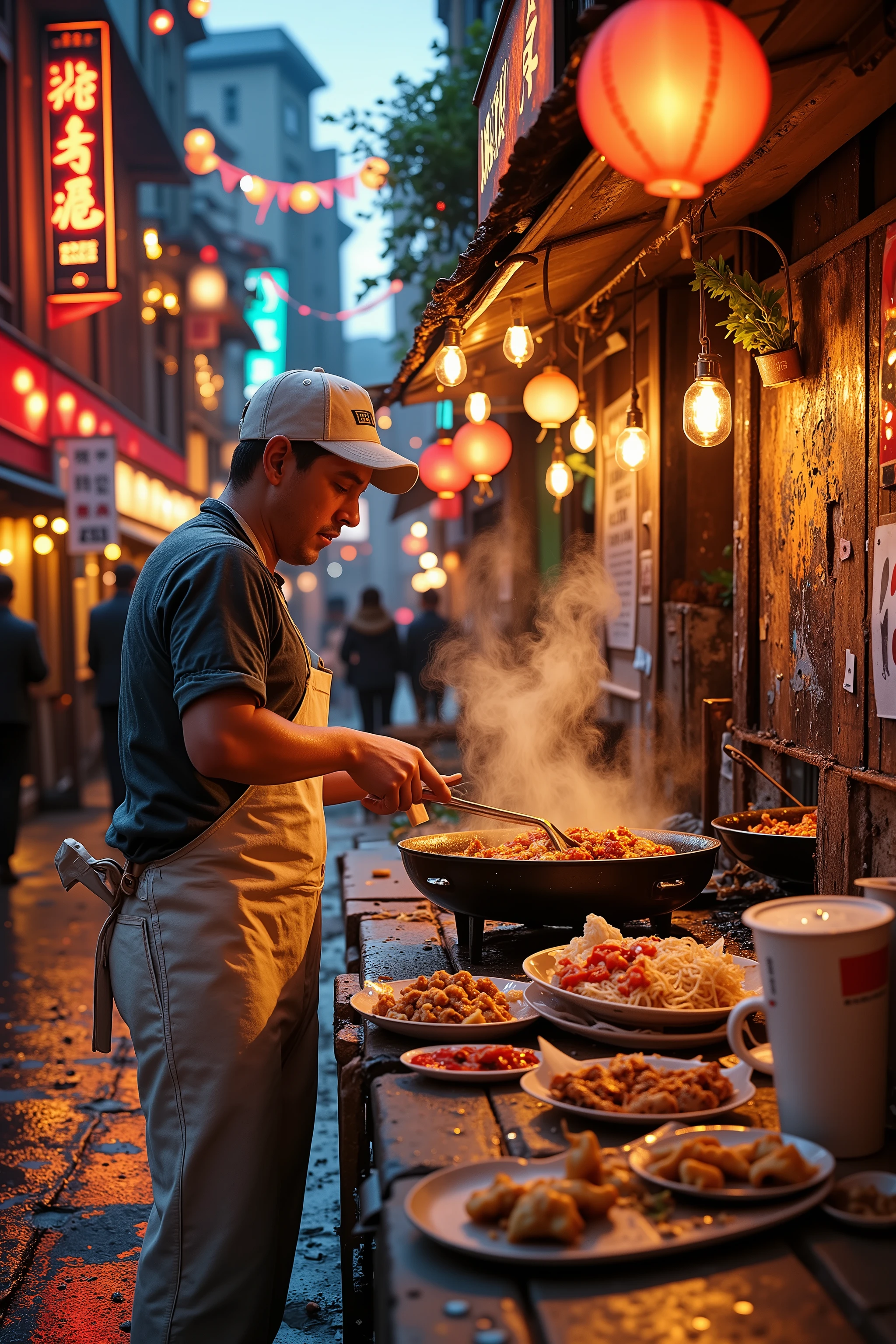 Create a hyper-realistic, award-winning photograph of a bustling street food stall set in a vibrant city street illuminated by neon lights. The stall is alive with energy, featuring a steamy wok where a skilled vendor prepares sizzling, mouthwatering dishes. The warm glow from the stall’s hanging lanterns and neon signs reflects off the wet pavement, creating a dazzling mix of colors—deep reds, electric blues, and glowing yellows.

The stall itself is adorned with handwritten menus, stacked bowls, and an array of fresh ingredients, capturing the authenticity of street food culture. Wisps of fragrant steam rise into the cool night air, swirling under the neon glow, while sizzling sounds and flickering flames add depth to the scene. Plates of delicious, freshly made food—ramen, stir-fried noodles, skewered meats, and crispy dumplings—are placed on the counter, ready to be served.

In the background, the lively city hums with blurred silhouettes of pedestrians, bustling traffic, and glowing neon signs reflecting off shop windows. The wet pavement enhances the scene, mirroring the lights and creating an almost dreamlike atmosphere. The composition balances the rich details of the food stall, the glowing ambiance of the city, and the inviting warmth of the steaming dishes, evoking the irresistible allure of late-night street food.