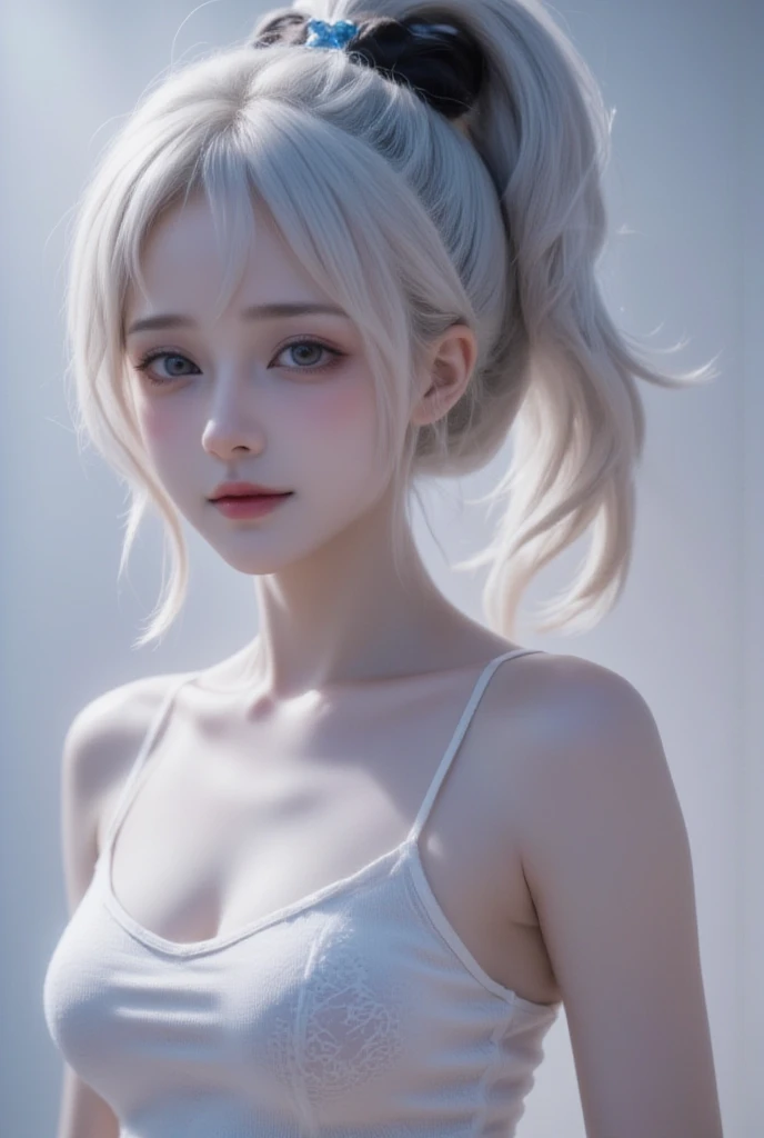 best quality, absurdres,masterpiece,[white|red] hair, Ponytail,blue eyes,white clothes, upper body,close-up,profile,sideways glance,Delicate facial features,simple background,adjusting hair,head tilt,hoop earrings,looking at viewer,looking back,crying with eyes open,sad, <lora:zheng:1>