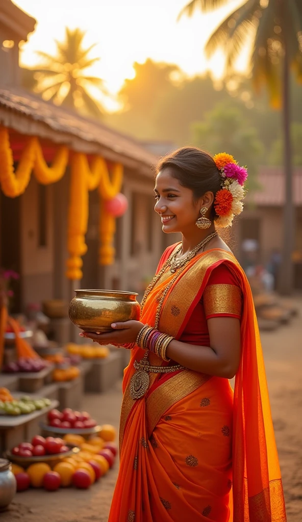 Instagram story size image,Indian female,bridal silk saree, hands join vanakkam,smiling realistic face,Indian bazaar,Tamil fonts