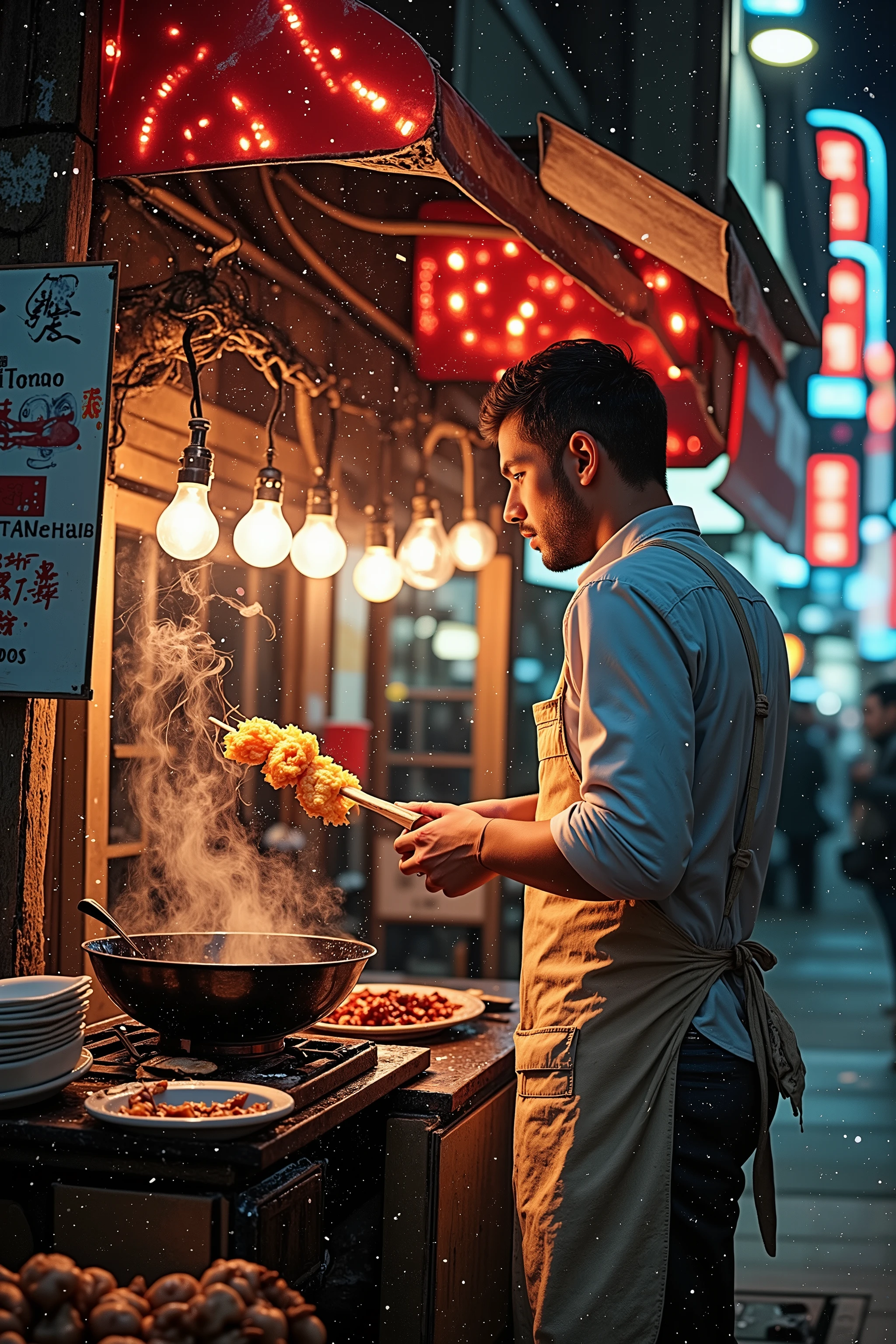 An award-winning 70s-style analog photograph capturing the nostalgic charm of a street food stall in a vibrant city street, illuminated by glowing neon lights. The scene is alive with warmth and movement, centered around a humble food stall where a steamy wok sizzles, releasing fragrant clouds of smoke into the crisp night air. The vendor, dressed in a well-worn apron, skillfully prepares delicious, freshly cooked dishes, with stacks of ceramic bowls and wooden chopsticks neatly arranged on the counter.

The soft, diffused glow of red and blue neon signs reflects off the damp pavement, creating an almost dreamlike shimmer, while blurred silhouettes of bustling pedestrians pass through the lively urban backdrop. Handwritten menus hang from the stall, their ink slightly faded, adding an authentic, lived-in feel. The warm, golden light of the food stall contrasts beautifully with the cooler hues of the city’s neon glow, enhancing the nostalgic atmosphere.

In the foreground, plates of steaming ramen, crispy dumplings, and skewered meats rest on the counter, their textures rich and inviting. Rising steam swirls under the flickering lights, adding depth and movement to the frame. The composition balances the intimacy of the food stall with the grand scale of the neon-lit city, evoking the timeless allure of late-night street food culture.

The image is presented in a grainy 70s analog film texture, with soft, natural imperfections—light leaks, warm tones, and subtle vignetting—lending it a nostalgic, cinematic quality, as if it were a cherished memory frozen in time.