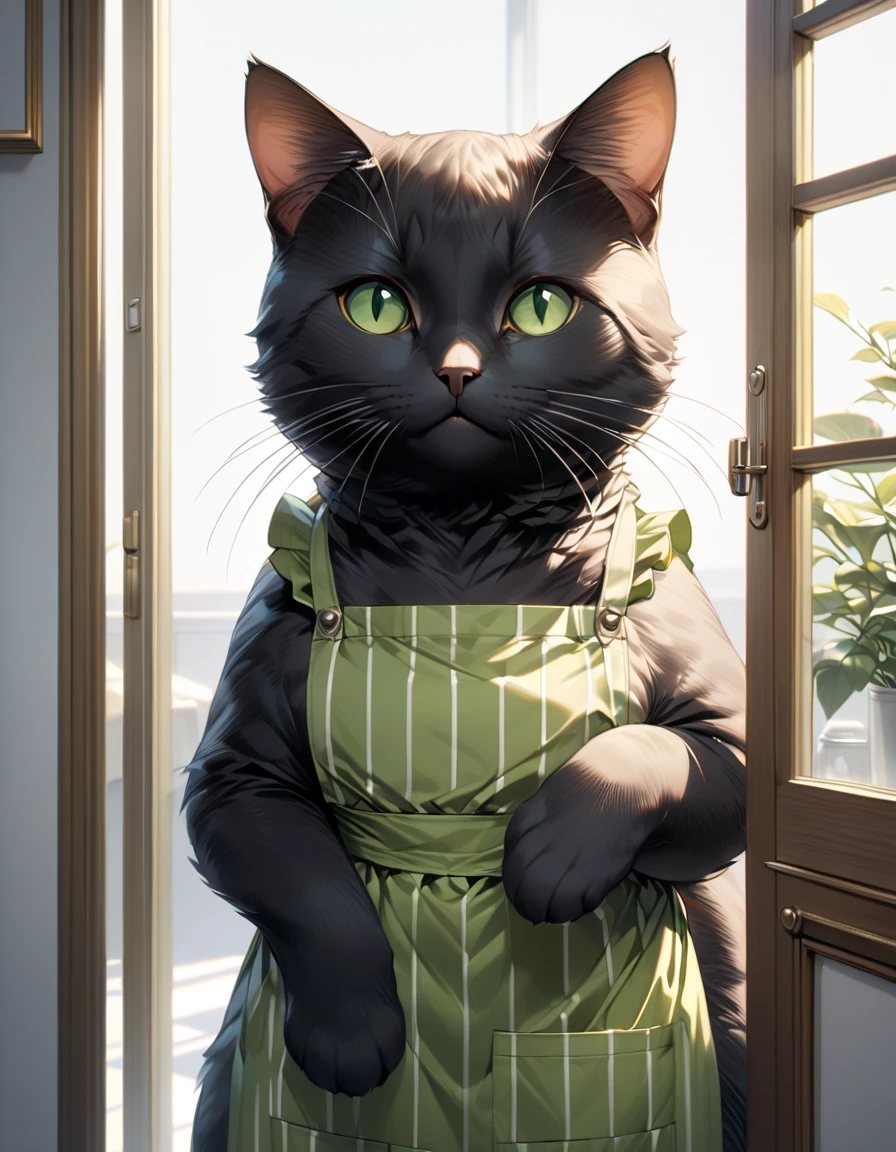 (masterpiece), (ultra-detailed), (best quality), (clear focus), (ultra-high resolution), (8k), perfect anatomy, perfect face, solo, detailed face, detailed eye, (the large chubby black cat is wearing a vertical striped green apron:1.2),  (standing alone like a human in the white room and looking at outside from the window), (There are nothing in the room:1.4), (expressionless:1.2), (extremely detailed cat:1.3), full body