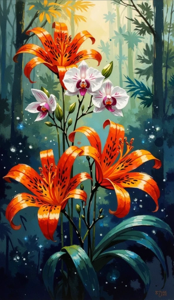 A vibrant oil painting rendered in impressionistic style, with expressive thick brush strokes, of tiger lilies with deep orange petals speckled with black spots and delicate white orchids. The scene is set in a lush, mystical rainforest bathed in ethereal, swirling light. Wisps of deep plum and coral-colored energy, reminiscent of smoke or magic, emanate from the flowers, illuminating the dense foliage. The overall mood is serene and enchanting.