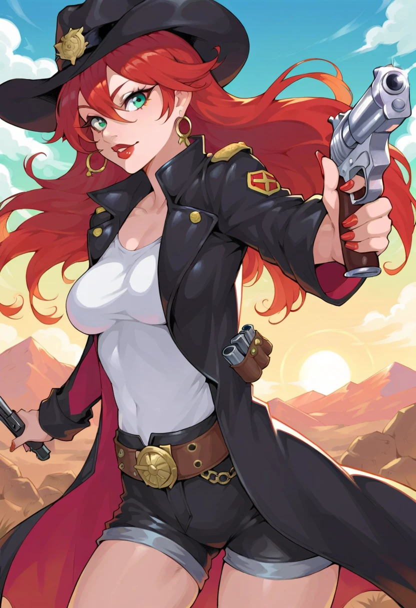 score_9, score_8_up, score_7_up,1girl, weapon, hat, gun, handgun, solo, long hair, belt, red hair, holding weapon, holding, looking at viewer, sky, jewelry, holding gun, earrings, breasts, cloud, parted lips, nail polish, outdoors, lips, shorts, holster, coat, cowboy hat, long sleeves, cowboy shot, medium breasts, hair between eyes, belt buckle, fingernails, red lips, buckle, aiming at viewer, blue eyes, cowboy western, rock, sunset, finger on trigger, green eyes, standing, aiming, cloudy sky, black coat, makeup, short shorts, black headwear, revolver, nose, outstretched arm, lipstick, eyelashes, mountain, shirt, jacket,