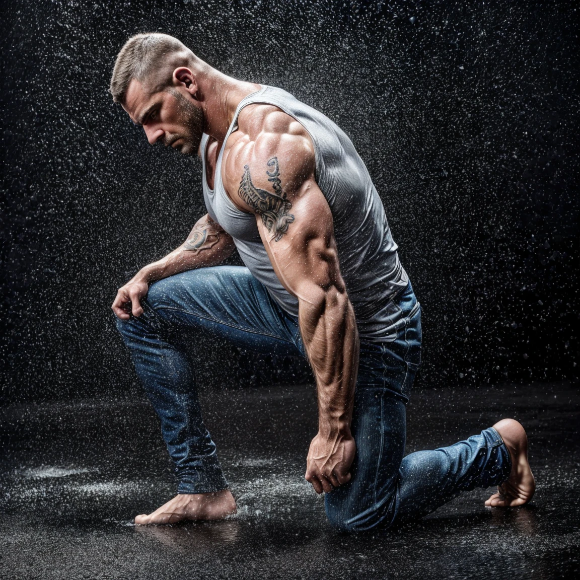 (((2heads))), muscle, Dominican 30yo man, big pecs, big biceps, full body, buzz cut, shower, wet, hands on body, no shirt, big bulge, speedo, very wide shoulders, big thick beard, realistic, beard