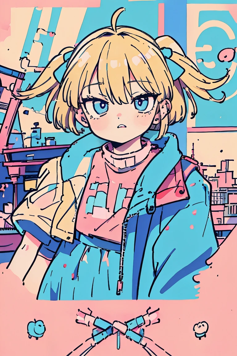 Anime characters drawn on a wall with random colored backgrounds,  Blonde Twin Tails ,tooth,Double teeth, steel ball run ,  anime cover ,  anime art with pretty details,  anime atmosphere ,  detailed anime artwork ,  hyperdetail illustration ,  Guilty Gear art style , Decora style illustration ,   anime style Fujifilm  , close-up!!!!!!, 90s anime style, 90s anime style, Anime Posters,  trending anime artwork inspired by Yumihiko Amano 