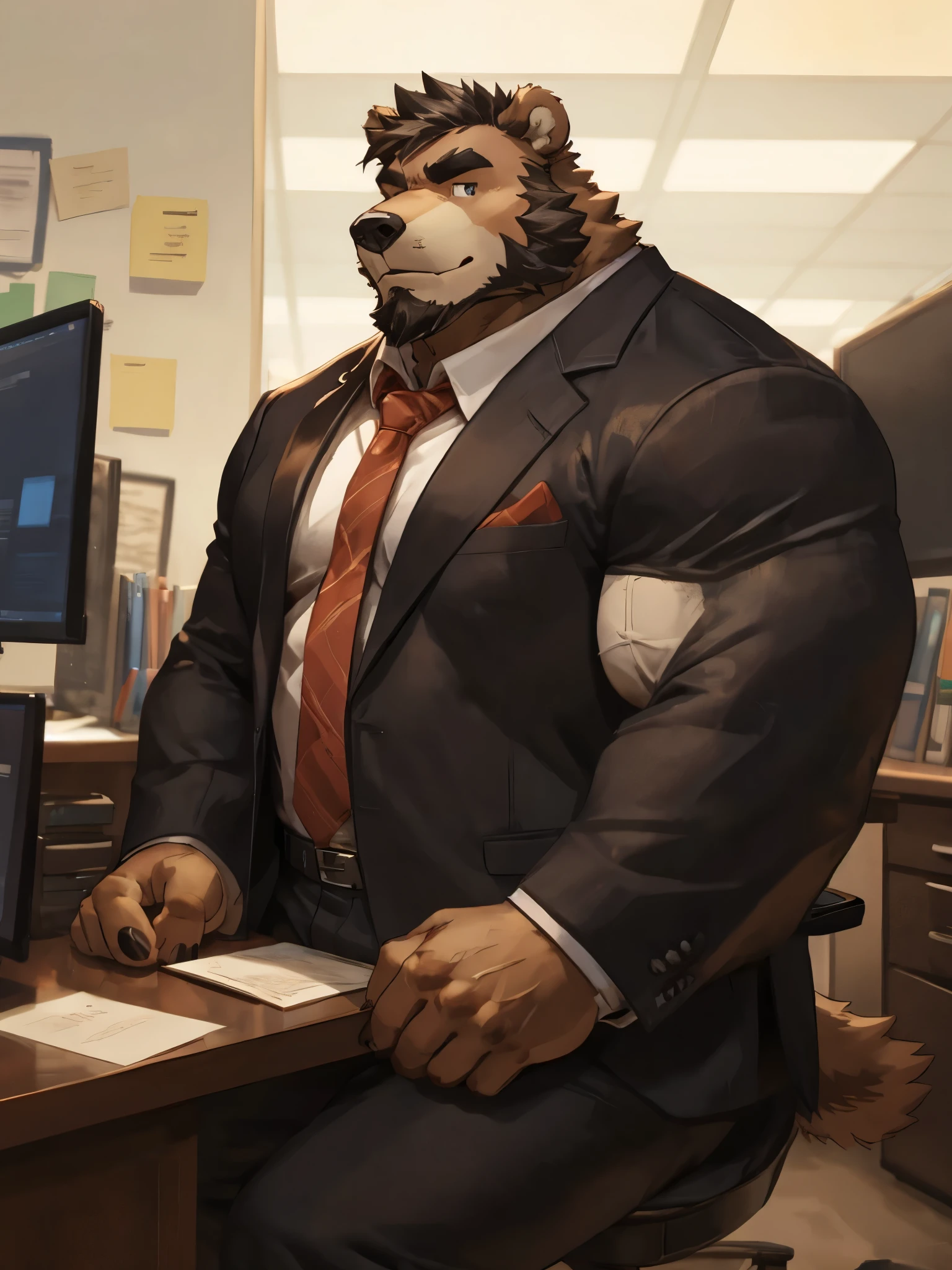 bara furry muscle brown bear, Dark hair and beard, In an office, Very shiny and silky black suit, red tie
