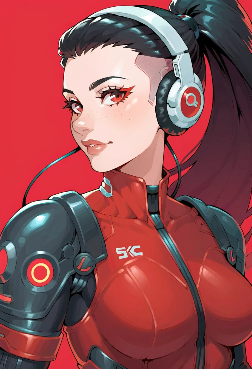 score_9, score_8_up, score_7_up,1girl, solo, red background, black hair, red eyes, ponytail, looking at viewer, science fiction, simple background, long hair, upper body, red theme, cyberpunk, freckles, portrait, , cable, armor, glowing, mechanical parts, headphones, eyelashes, bodysuit, nose, red eyelashes, colored eyelashes