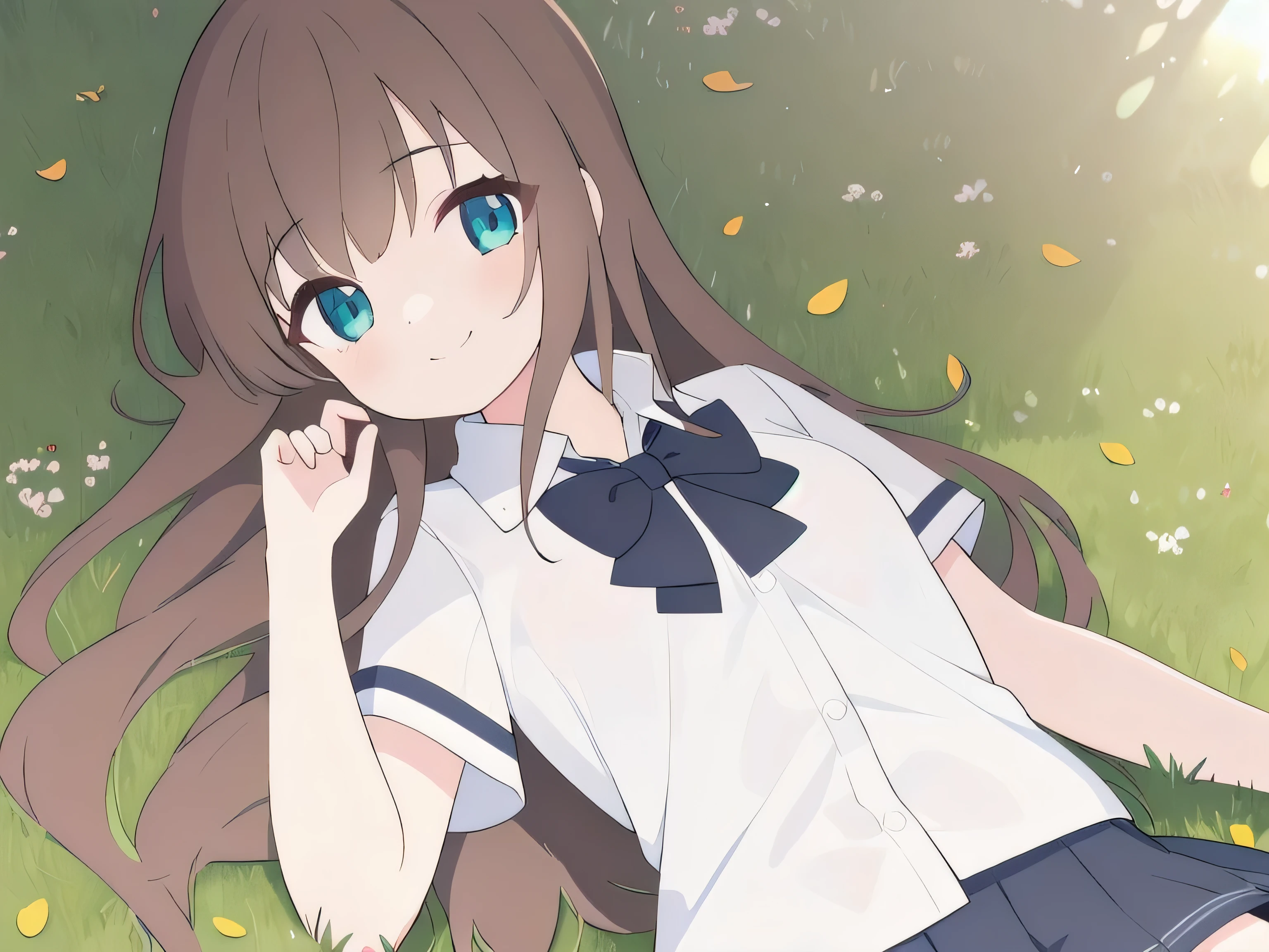 1 girl,Left with brown shawl long hair , Wearing School Uniform ,, lying on green grass.hair loss.Smile.Sunlight.mini skirt.Short-sleeved tops. HD.detail. High resolution . Ultra HD.cartoon