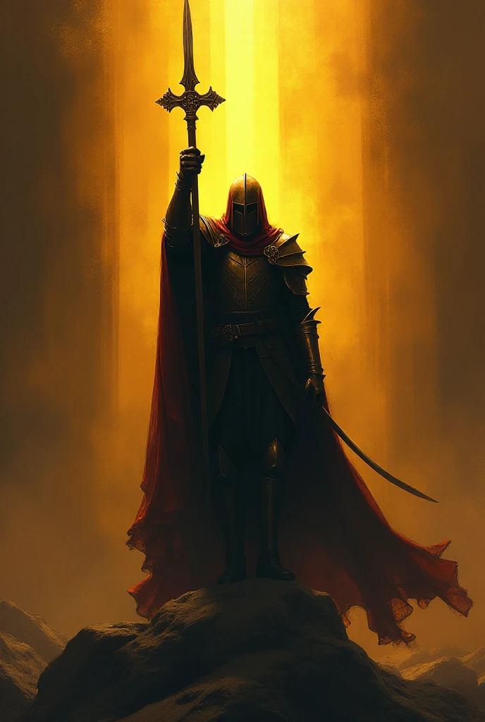 Digital sketch, dramatic lighting, a dark knight with a sword aloft,  holy cross symbolism, radiant and luxurious details.  Loose painterly strokes, misty atmospheric effects, warm golden glow, vibrant colors. Film-like composition, focus on rich textures and mood.