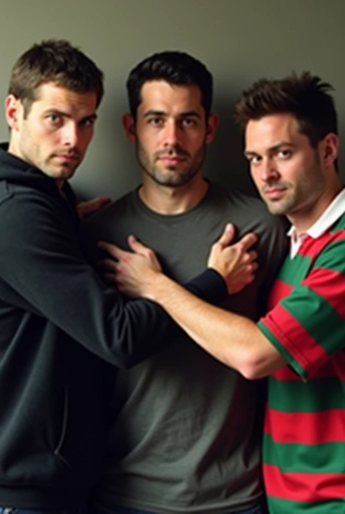 Young cute beautiful skinny gay man abused by three big bearded men in the jungle grabbing his arm
